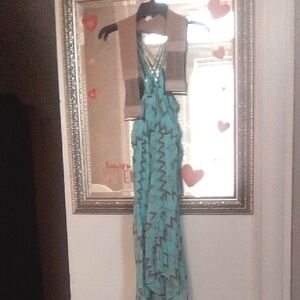 Vanity Blue Halter Maxi Dress Ruffled Tiered